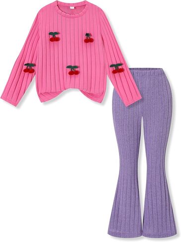 Girls 2 Piece Outfits Long Sleeve Strawberry Ribbed Sweatshirt Flared Pants Children Clothes Spring Set Girls Clothes Size 7-8 Years in Saudi Arabia
