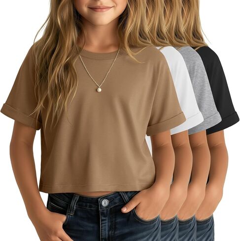 4 Pack Girls Crop Tops Kids Short Rolled Sleeve Shirts Crew Neck Loose Basic Summer Tees Cute Drop Shoulder T Shirts in Saudi Arabia