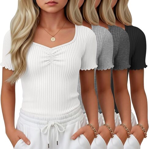 4 Pack Girl's Short Sleeve Tees Ribbed Lettuce Trim Shirt Ruched Sweetheart V Neck Slim Fit T-Shirt Knit Blouse Top in Saudi Arabia