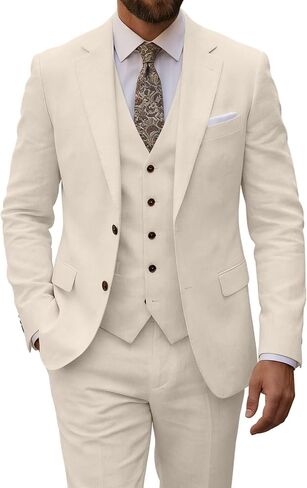 Retro Mens Linen Suit Slim Fit 3 Piece Summer Wedding Suit Casual Beach Linen Suits for Men Prom Jacket Vest Pant Set in Saudi Arabia