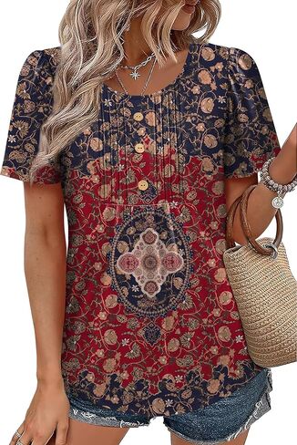 Womens Tops Dressy Casual Blouses Short Sleeve Shirts Plus Size Fashion Clothing Spring Summer Outfits Button Pleated Front in Saudi Arabia