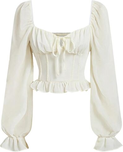 WDIRARA Women's Tie Front Ruched Ruffle Blouse Sweetheart Neck Lantern Long Sleeve Shirts in Saudi Arabia