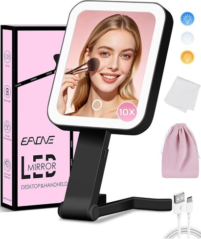 Travel Mirror with Lights, Magnifying Makeup Mirror 10X/1X Double Sided with 3 Color Lighting & Dimmable Touch Screen, Compact Handheld Cosmetic Vanity Mirror for Desktop Travel/Bathroom, Women Gifts in Kuwait