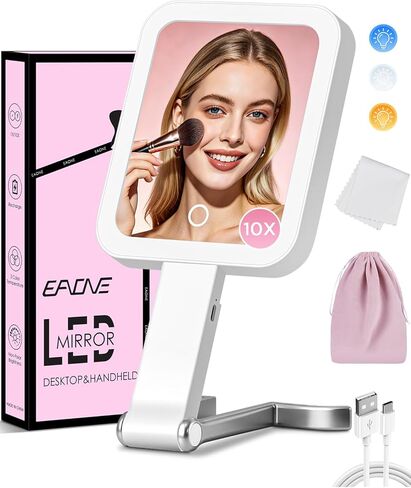 Travel Mirror with Lights, Magnifying Makeup Mirror 10X/1X Double Sided with 3 Color Lighting & Dimmable Touch Screen, Compact Handheld Cosmetic Vanity Mirror for Desktop Travel/Bathroom, Women Gifts in Saudi Arabia