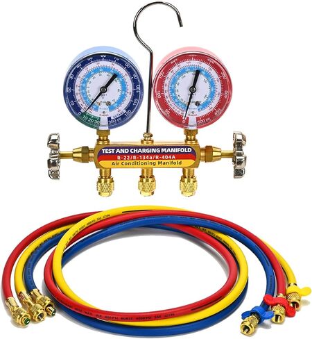 Upgraded New 42006 Test and Charge Manifold Set, with 3-1/8" (80 mm) Gauge, with 72" HVAC Hoses and Quick Coupler Adapters, 1/4" Standard Flared Fittings, Suitable for R-22/134A/404A, Toolbox in Saudi Arabia