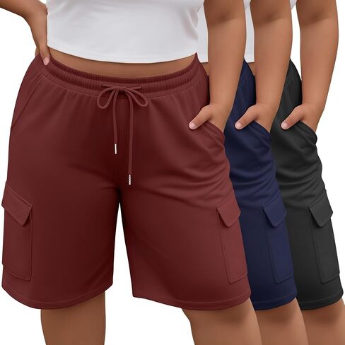 Neer 3 Pack Women's Plus Size Cargo Shorts Elastic Drawstring Bermuda Short Casual Loose Athletic Yoga Shorts with 4 Pockets in Saudi Arabia
