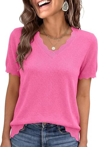 ANRABESS Women's Short Sleeve Sweater V Neck Ribbed Knit Lightweight Sweaters Tops 2026 Spring Summer Business Casual Outfits in Saudi Arabia