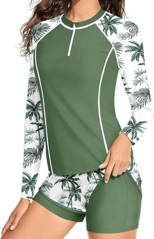 ملابس سباحة للفتيات من Rash Guard مكونة من قطعتين بسحاب ربع وأكمام طويلة للحماية من الشمس بدلة استحمام + شورت سباحة للفتيات 9-16 سنة in Kuwait