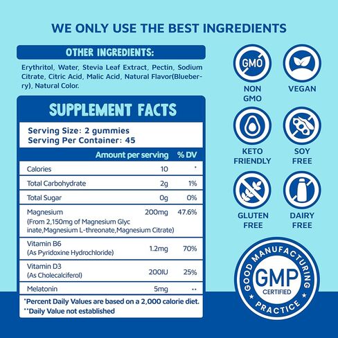 Magnesium Glycinate Gummies 2150 mg with Magnesium L-Threonate for Adults, Melatonin Free, High Absorption, Blueberry Flavor, 90 Count in Saudi Arabia