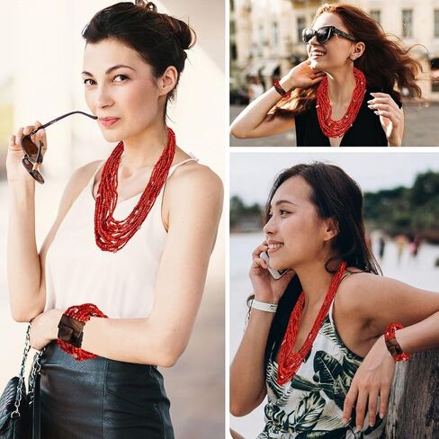 Handmade Seed Bead Necklace & Bracelet Set Boho Jewelry for Women - Layered Multi Strand Beaded Necklaces & Bracelets w/Wooden Clasp Length 18" Strechable Bracelet Christmas Gifts for Womens in Saudi Arabia