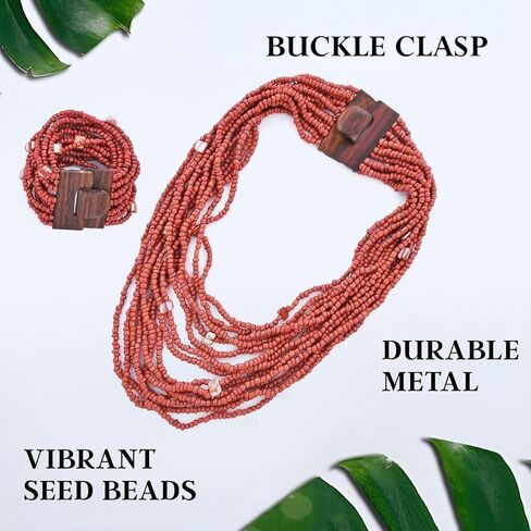 Handmade Seed Bead Necklace & Bracelet Set Boho Jewelry for Women - Layered Multi Strand Beaded Necklaces & Bracelets w/Wooden Clasp Length 18" Strechable Bracelet Christmas Gifts for Womens in Saudi Arabia