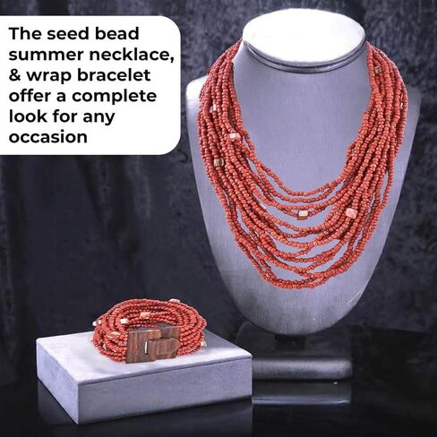 Handmade Seed Bead Necklace & Bracelet Set Boho Jewelry for Women - Layered Multi Strand Beaded Necklaces & Bracelets w/Wooden Clasp Length 18" Strechable Bracelet Christmas Gifts for Womens in Saudi Arabia