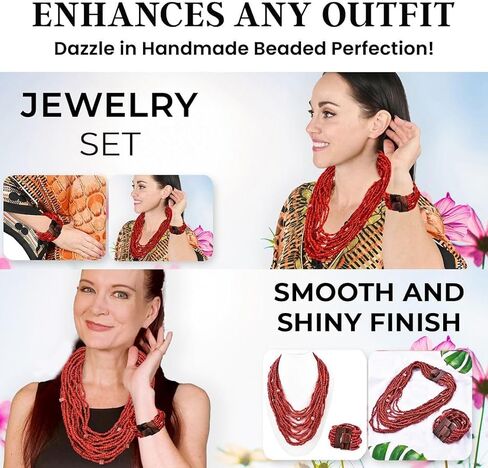 Handmade Seed Bead Necklace & Bracelet Set Boho Jewelry for Women - Layered Multi Strand Beaded Necklaces & Bracelets w/Wooden Clasp Length 18" Strechable Bracelet Christmas Gifts for Womens in Saudi Arabia