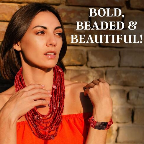Handmade Seed Bead Necklace & Bracelet Set Boho Jewelry for Women - Layered Multi Strand Beaded Necklaces & Bracelets w/Wooden Clasp Length 18" Strechable Bracelet Christmas Gifts for Womens in Saudi Arabia
