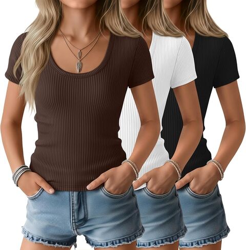 3 Pack Girls Short Sleeve Shirts Ribbed Knit Scoop Neck T-Shirts Kids Solid Tops Slim Fit Casual Tees 5-14 Years in Saudi Arabia