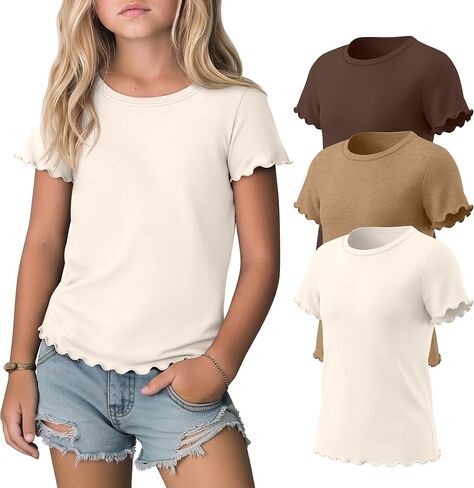 3 Pack Girls Short Sleeve T Shirts Crew Neck Shirts Lettuce Trim Tops 5-14 Years Casual Basic Tees in Saudi Arabia