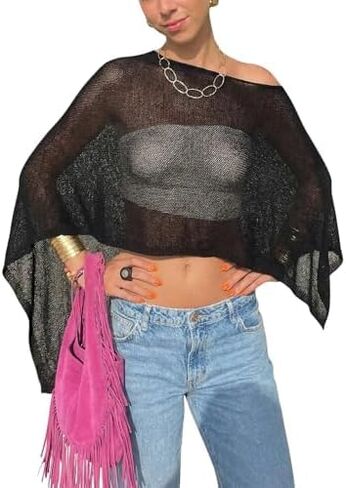 HengShunRui Women Sheer Poncho Top Knit Crochet Shawl Mesh Beach Cover Up Tops in Saudi Arabia