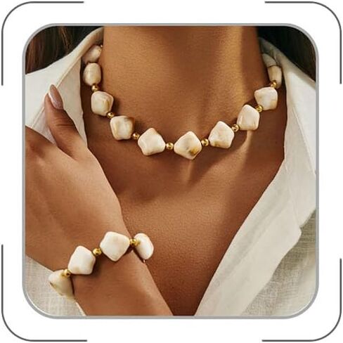 Chunky Jewelry Set for Women Irregular Resin Beads Necklace Bracelet Set Charm Beaded Choker Necklace Statement Bracelet Boho Fashion Jewelry Gift for Women in Saudi Arabia
