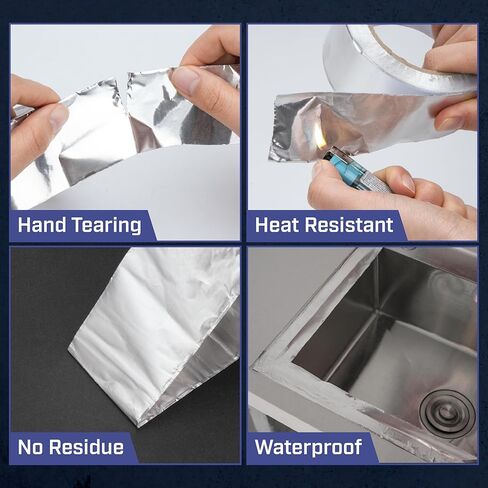 بيتس - شريط رقائق الألومنيوم، 2 بوصة × 25 ياردة، 3.6 مل، شريط حراري HVAC لمجاري الهواء، فتحة المجفف، تكييف الهواء، الفرن، عزل الأنابيب، مقاوم للماء، واللهب، والأشعة فوق البنفسجية والمواد الكيميائية in Kuwait