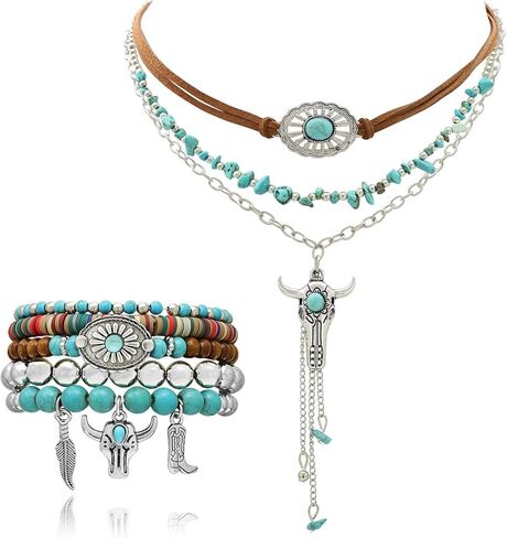 2 Pcs Multi-Layered Western Necklaces Bracelets Jewelry for Women Turquoise Beaded Concho Choker Ox-Head Pendant Necklace Stacked Cowgirl Bracelets Cowboy Chic Country Concert Outfits in Saudi Arabia