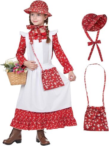Pioneer Girl Dress, Clonial Prairie Costume for Girls Halloween Costumes with Apron and Bonnet in Saudi Arabia