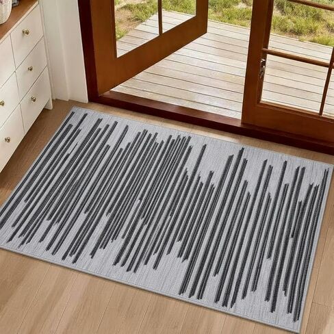 GarveeHome Beige Black 5x7 Washable Area Rug for Living Room: Modern Striped Washable Living Room Area Rug Striped Modern Non Slip Low Pile Carpet for Bedroom Soft Stain-Resistant Carpet. in Saudi Arabia
