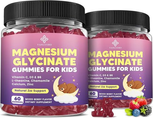 Kids Magnesium Gummies, Magnesium Glycinate Gummies 400mg/200mg with L-Theanine, Chamomile, Vitamin B6, D3 for Kids, Relaxation & Zzz Support, Nerve Bone - Sugar Free Mixed Berry Flavor 60ct in Saudi Arabia