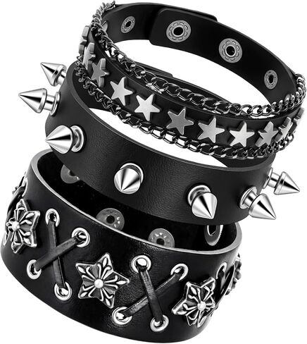 Sureio Studded Bracelet Leather Punk Rock Cuff Bracelets Retro Vintage Chain 80s Wristband Set for Men Women in Saudi Arabia