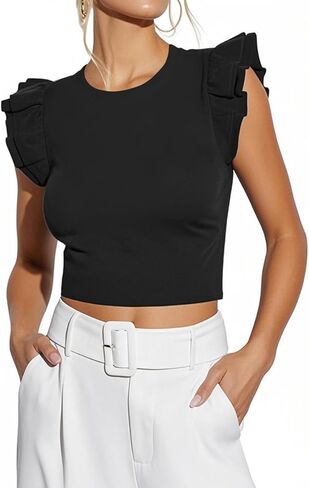 Ezbelle Women's Summer Tops Ruffle Shirts Ribbed Knit Crop Tank Top Sexy Sleeveless Blouse 2026 in Saudi Arabia