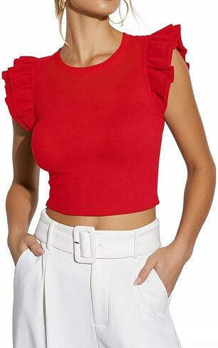 Ezbelle المرأة الصيف بلايز قمصان مكشكشة مضلع متماسكة قطع علوية بدون أكمام مثير بلوزة بلا أكمام 2026 in Kuwait