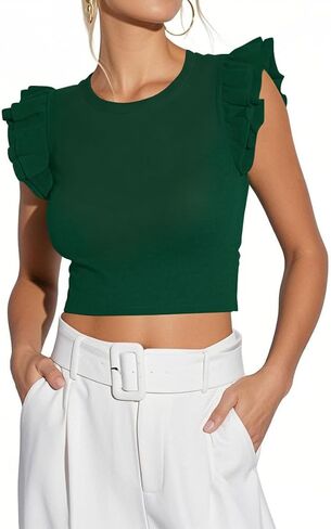 Ezbelle Women's Summer Tops Ruffle Shirts Ribbed Knit Crop Tank Top Sexy Sleeveless Blouse 2026 in Saudi Arabia