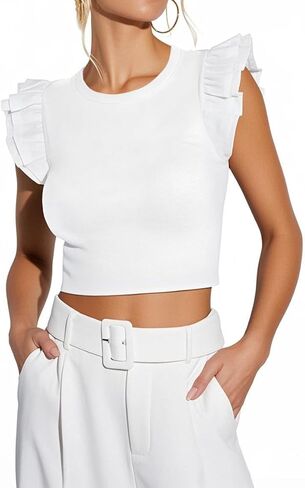 Ezbelle Women's Summer Tops Ruffle Shirts Ribbed Knit Crop Tank Top Sexy Sleeveless Blouse 2026 in Saudi Arabia