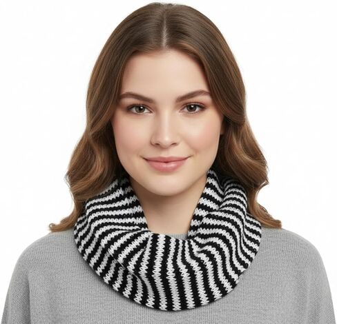 Peach Couture Warm Knitted Soft Light Striped Infinity Loop Scarf White and Black in Saudi Arabia