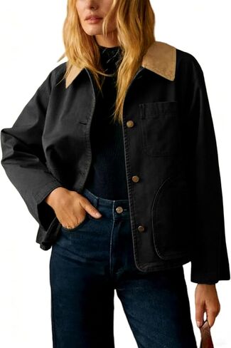 Yeokou Womens Casual Jacket Crop Barn Trench Coat Long Sleeve Button Down Oversized Jacket with Pockets Outerwear in Saudi Arabia