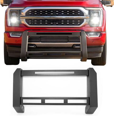 IKON MOTORSPORTS Bull Bar مع شريط إضاءة LED، متوافق مع 2015-2026 Ford F-150 F150، فرشاة مصد أمامي من الألومنيوم الصلب الأسود المزخرف بفرشاة دفع مصبغة مع دعامة تثبيت لوحة الترخيص in Kuwait