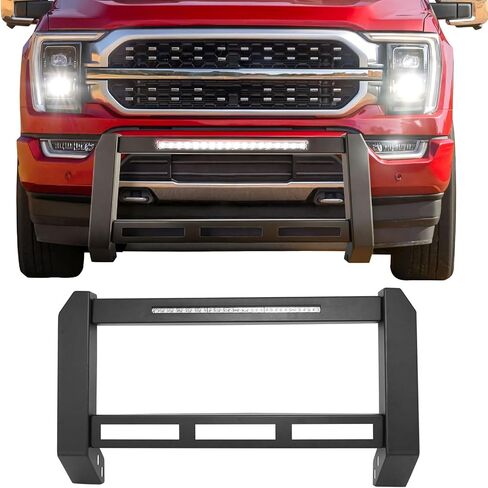 IKON MOTORSPORTS Bull Bar مع شريط إضاءة LED، متوافق مع 2015-2026 Ford F-150 F150، فرشاة مصد أمامي من الألومنيوم الصلب الأسود المزخرف بفرشاة دفع مصبغة مع دعامة تثبيت لوحة الترخيص in Kuwait