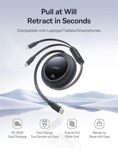 كابل USB C قابل للسحب من Baseus، كابل شحن سريع 100 وات 4.9 قدم USB C إلى USB C، كابل شاحن سيارة قابل للسحب بطول 6 مراحل مسبقًا لهواتف iPhone 16 15 Pro Plus Pro Max وMacBook وiPad Pro وGalaxy S24/S23 in Kuwait
