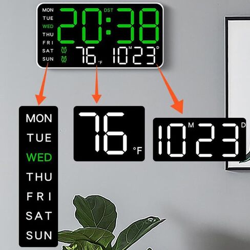 Large Digital Wall Clock Week Date Temperature Display Voice Control Table LED Alarm Clocks Brightness Adjustable 12/24H Clock in Saudi Arabia