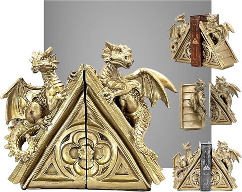 Bellaa 21503 Golden Dragon Bookends Vintage Fierce Gothic Medieval Castle Statues Sculpture Monster Book Ends Support Shelf Home Decor 8 inch in Saudi Arabia