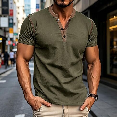 Men's Henley Shirts Short Sleeve Casual Button Basic Tees V Neck T-Shirt Color Block Lightweight Fashion Pullover Shirts in Saudi Arabia