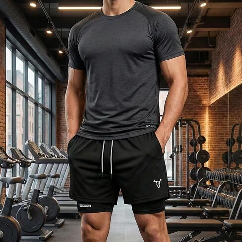 Men's Double-Layer Running Shorts-Quick-Dry Athletic Workout Gym Shorts with Drawstring & Compression Layer in Saudi Arabia