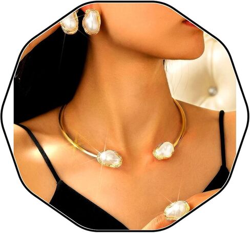 Baroque Pearl Choker Neckalce Set Irregular Pearl Jewelry Set Trendy Neckacles Earring Ring Sets for Women in Saudi Arabia