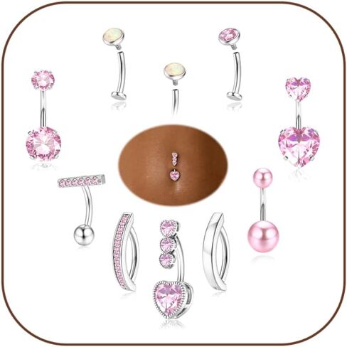 ORAZIO 9PCS Hypoallergenic Belly Button Ring Surgical Steel CZ Opal Clicker Floating Navel Piercing Jewelry Flat Back Internally Threaded Small Bar Piercings for Women 14G Gold/Silver in Saudi Arabia