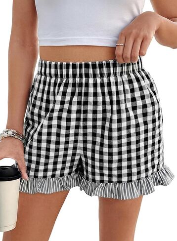 EVALESS Boxer Shorts for Women Plaid Pajama Ruffle Shorts Fashion 2026 Summer Beach Bottoms Lounge Shorts with Pockets in Saudi Arabia