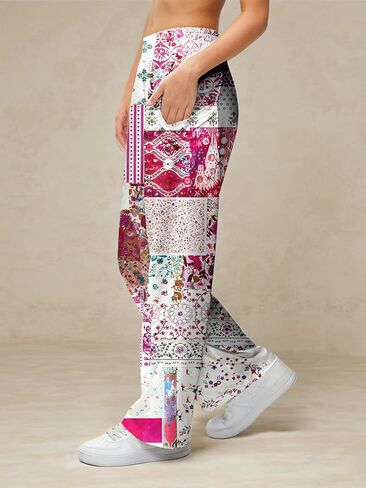 Women Casual Print Pants, Wide Leg Elastic Wide Long Lounge, Trendy Trousers Printed Loose Fit with Pocket in Saudi Arabia