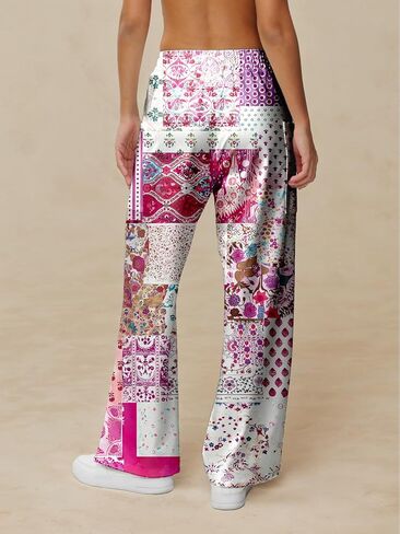 Women Casual Print Pants, Wide Leg Elastic Wide Long Lounge, Trendy Trousers Printed Loose Fit with Pocket in Saudi Arabia