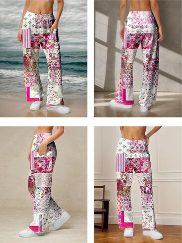 Women Casual Print Pants, Wide Leg Elastic Wide Long Lounge, Trendy Trousers Printed Loose Fit with Pocket in Saudi Arabia