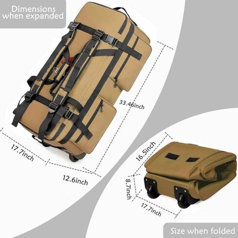 حقيبة من القماش الخشن المتدحرج سعة 110 لتر مع عجلات، واق من المطر للسفر متين وقابل للطي، و4 خيارات للحمل (كتف واحد، كتف مزدوج، حمل يدوي، شد) (بني) in Kuwait