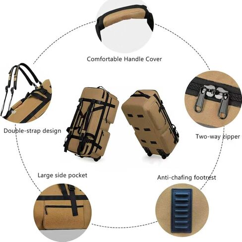 حقيبة من القماش الخشن المتدحرج سعة 110 لتر مع عجلات، واق من المطر للسفر متين وقابل للطي، و4 خيارات للحمل (كتف واحد، كتف مزدوج، حمل يدوي، شد) (بني) in Kuwait