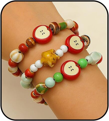 3Pcs Fruit Ceramic Bracelet for Women Cute Red Green Multicolour Beads Bracelet Stackable Stretchy Beaded Multilayer Friendship Bracelets Boho Fruit Jewelry Accessories in Saudi Arabia